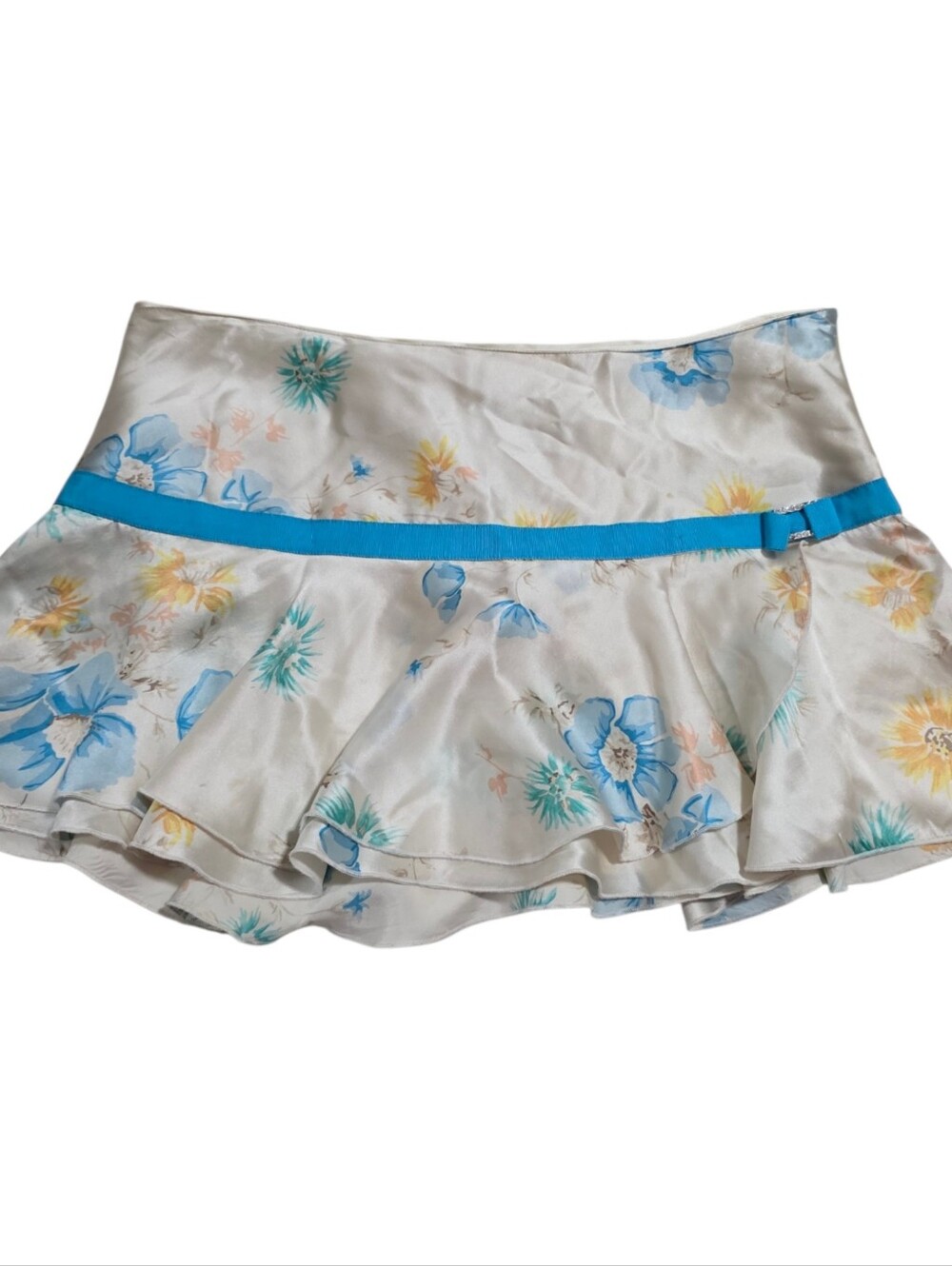 Abercrombie vintage cream silk miniskirt with blue ribbon, floral print, and gem